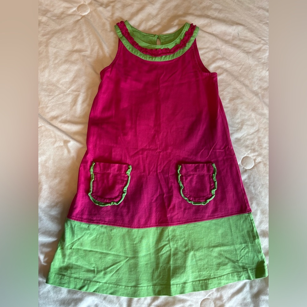 Hanna Andersson 120 6x pink green cotton dress patch pockets ruffles EUC